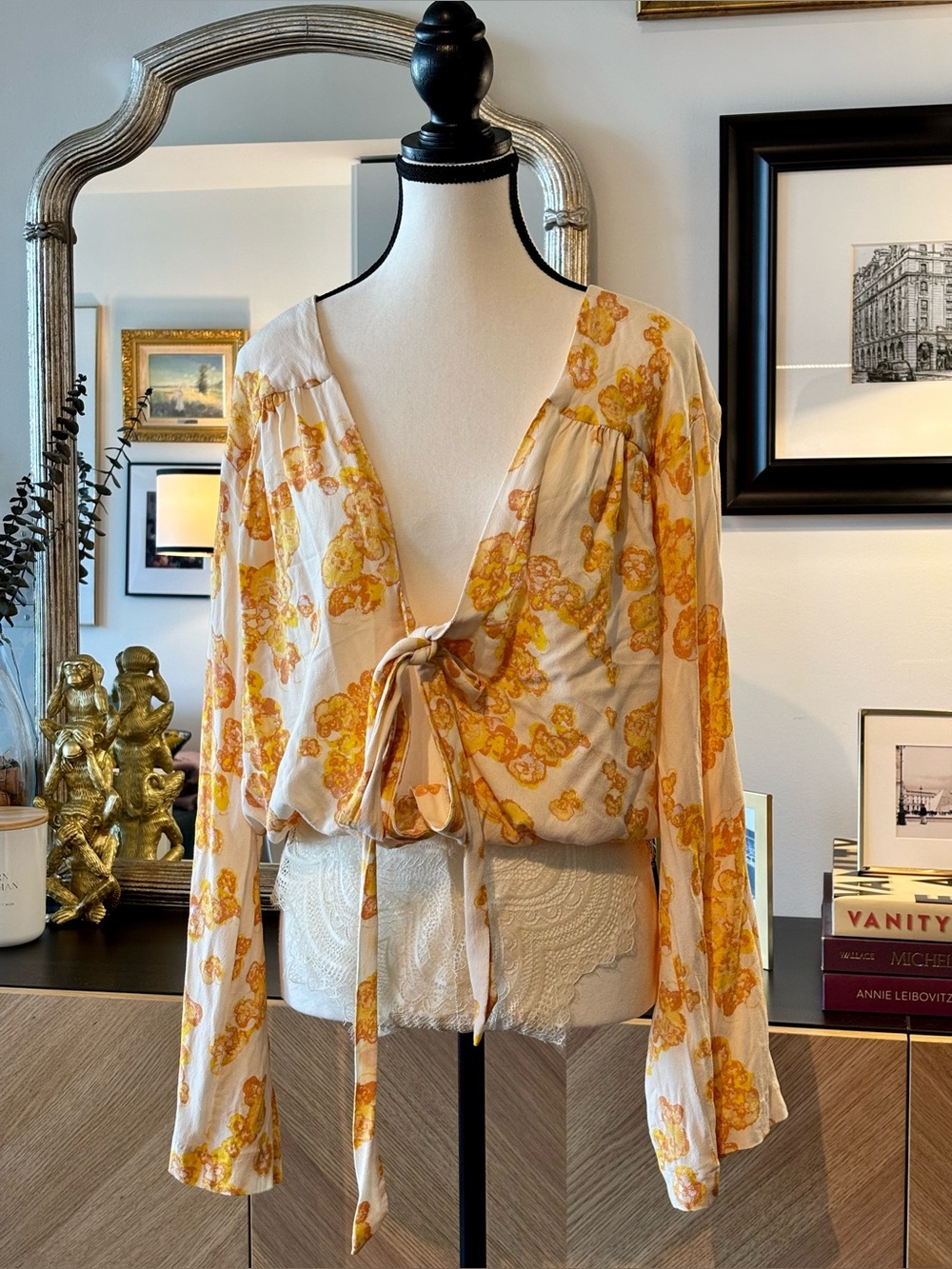FREE PEOPLE Women's Floral Tie-Front Body Suit Blouse - Yellow/Cream Medium - Picture 4 of 17